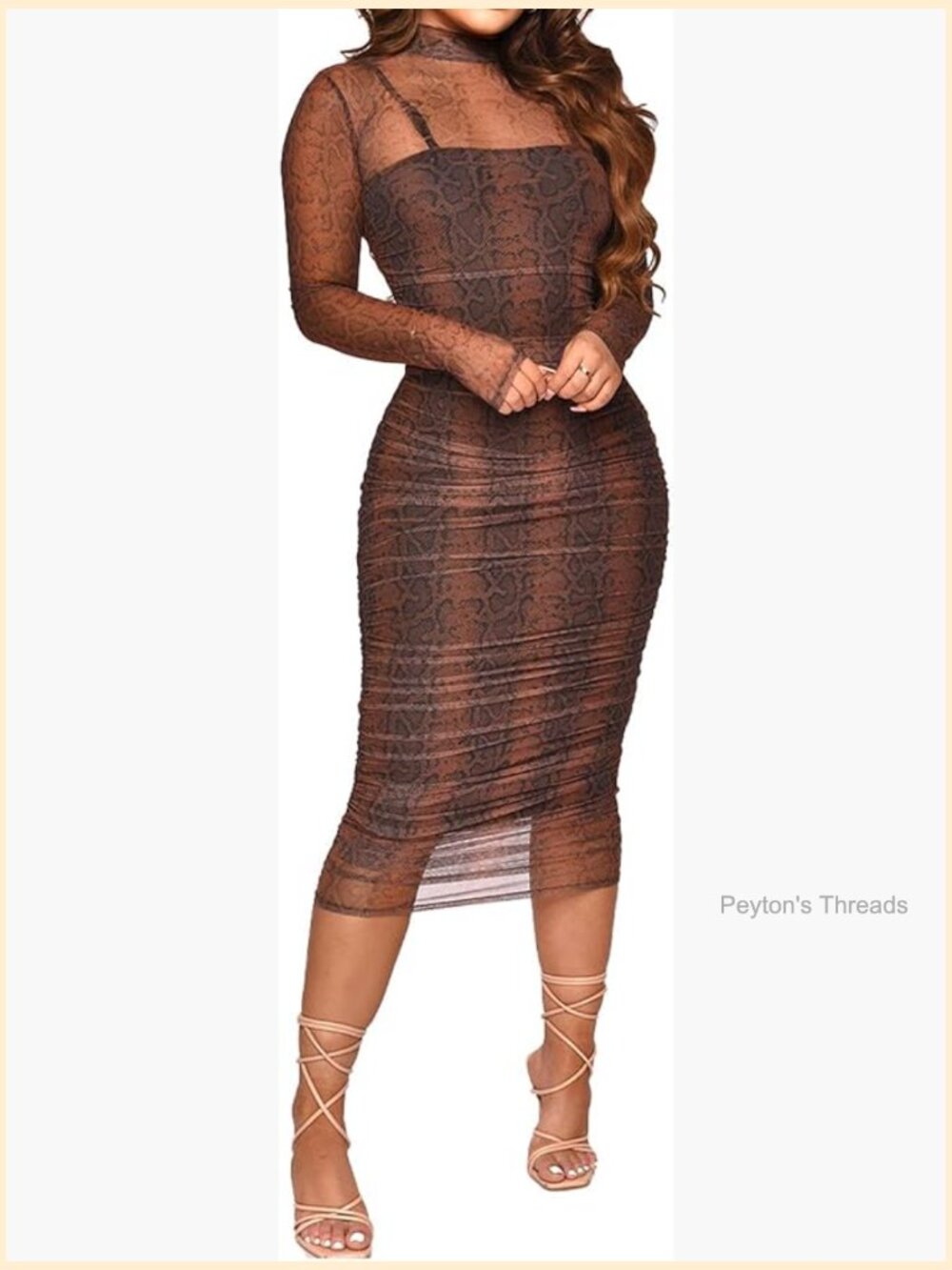 Sexy Long Sleeve Printed Sheer Mesh Bodycon Midi Dress See Through Slim Fit